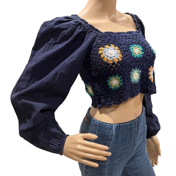 AERIE Crochet Granny Square Crop Top Floral Puff Sleeve BOHO Blue Sz XS - Picture 3 of 7
